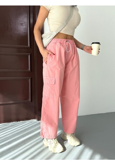 Zeo Basic Paraşüt Kumaş Kargo Cepli Bel Ve Paça Lastikli Pantolon Pembe Pembe