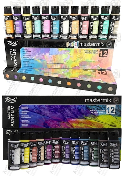 Rich Mastermix Akrilik Boya 24 Renk 60 Ml 1 Paket Canlı Ve Pastel Renkler Akrilik Boya 24 Lü Profesyonel Tuval Canvas Çok Renkli