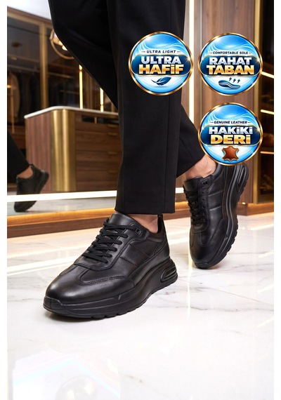 Komcero Kauçuk Tabanlı Bağcıklı Sneaker Siyah Hakiki Deri Erkek Casual Ayakkabı Hz1774-0337
