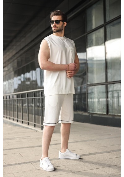 Madmext Ekru Bisiklet Yaka Kolsuz Erkek Şort T-shirt Takım E7351 Ekru