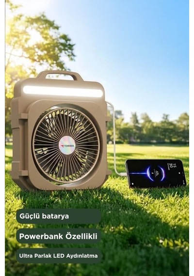 Şarjlı Masaüstü Vantilatör Kamp Tipi F53 Bej Askılı Fan Ofis Fanı Yazlık Aksesuar