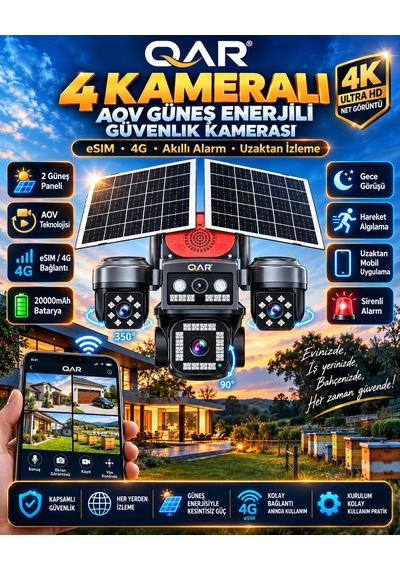 4 Lensli Güneş Enerjili Akıllı Güvenlik Kamerası 4g Sım Kartlı Yapay Zeka Destekli Uzaktan İzleme Dış Mekan Kamerası 24 Saat Kayıt
