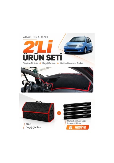 E-biz Cıtroen C3 2004-2009 Uyumlu Torpido Örtüsü + Deri Bagaj Çantası Seti - Siyah-kırmızı - Cı004
