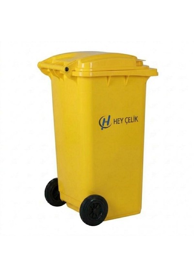 120 Litre Sarı Plastik Çöp Konteyneri Tekerlekli Kapaklı Atık Konteyneri Hey Çelik Pk-120