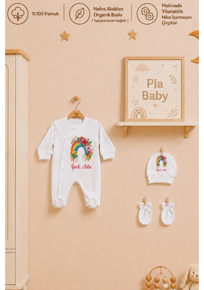 Pia Baby Kız Bebek Hastane Çıkışı 6 Parça %100 Pamuk İsme Özel Kese Hediyeli Tulum Şapka Eldiven Seti 1005tybk3x Krem