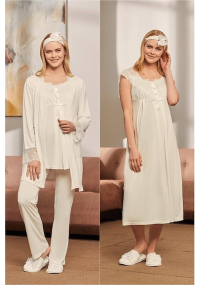 Mecit Pijama Mecit 1623 Ecru Lohusa 7 Li Mevlüt Seti Çok Renkli