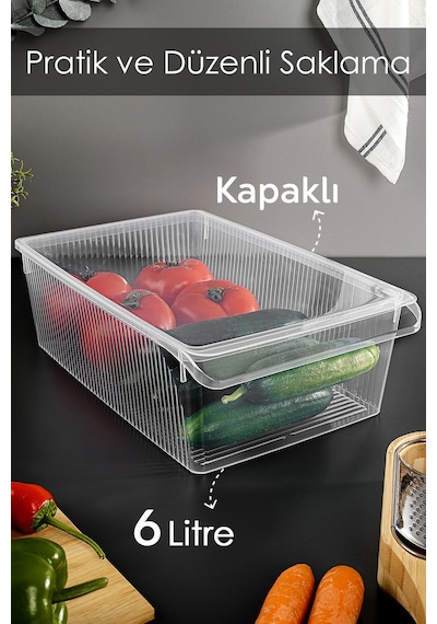 6 Adet Kapaklı Dolap İçi Buzdolabı Düzenleyici - Meyve Sebze Saklama Kabı Buzdolabı Organizer 6 Lt Şeffaf