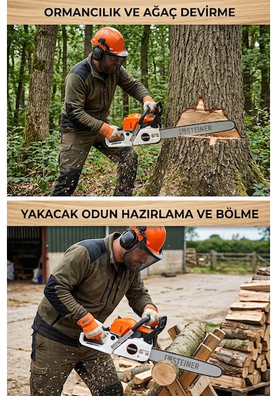 Steiner 2.1 Kw Turbo-5200 Profesyonel 2.8 Hp Çift Egzoz 52cc Ağaç Odun Dal Kesme Benzinli Testere Hızar Makinesi 50cm