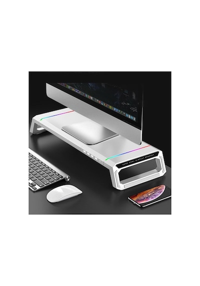 Laptop Sehpası Rgb Işıklı Mönitör Standı Ekran Altlığı 4 Usb Hub Telefon Tutuculu Beyaz