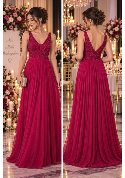 Gül&can Butik Kırmızı Taş İşlemeli Abiye Elbise Kırmızı