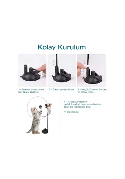 Vantuzlu Tüylü Zilli Olta Kedi Oyuncağı 2 Oltalı, Esnek Yaylı, Avcılık İçgüdülerini Geliştiren, Kediler İçin Eğlenceli Ve Dayanıklı Oyuncak