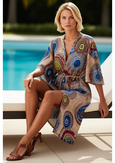 Ersefa Kadın Kısa Kollu Önü Açık Belden Kuşaklı Uzun Kimono Mandala Dese Çok Renkli