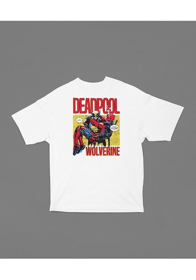 Marvel Wolverine X Deadpool Baskılı Unisex Tişört, Oversize Film Beyaz