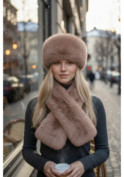 Givoria Kadın Kürklü Atkı Ve Kalpak Şapka Takımı Rus Slav Tarzı Kışlık Peluş Eskimo Set Camel Camel