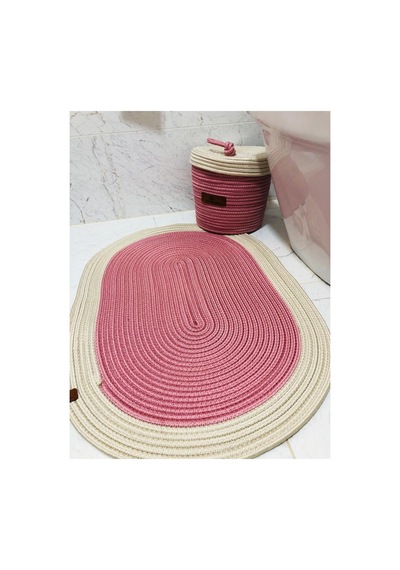 Jüt,hasır,2 Li,banyo Takımı,bohem Tarzı Banyo Takımı, Paspas/sepet/25x25 Pembe Beyaz Pembe Beyaz
