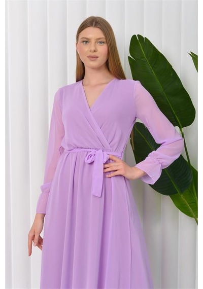 Dip Moda Kadın Kuşaklı Astarlı Uzun Şifon Elbise Dpnb003 Lila Dip Moda Kadın Kuşaklı Astarlı Uzun Şifon Elbise Dpnb003 Lila