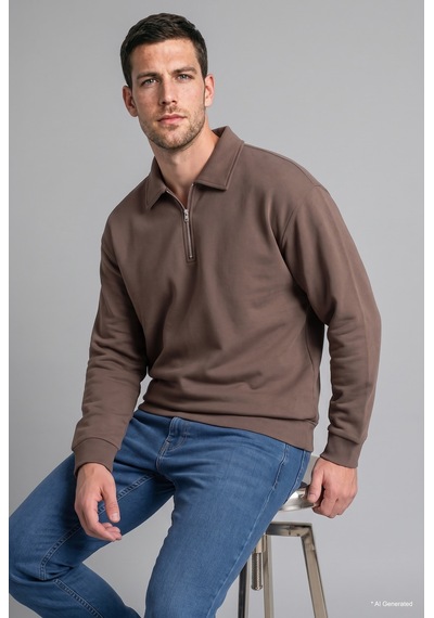 Defacto Pamuklu Regular Fıt Polo Yaka Kalın Kumaş Basic Sweatshirt H1833ax26aubn571 Kahve-bn571