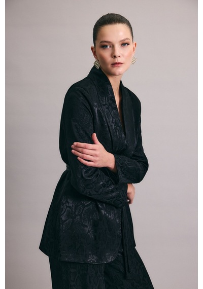 Sateen Yılan Desenli Uzun Ceket - Siyah-136437 Siyah
