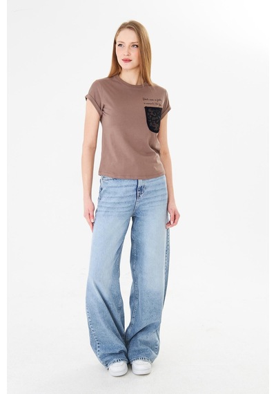 Sortie Collection Dantel Cepli Yazı Baskılı Katlama Kollu Tshirt Kahverengi