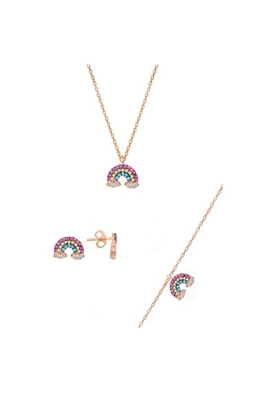 Gümüş Rose Renkli Taşlı Gök Kuşağı Üçlü Set