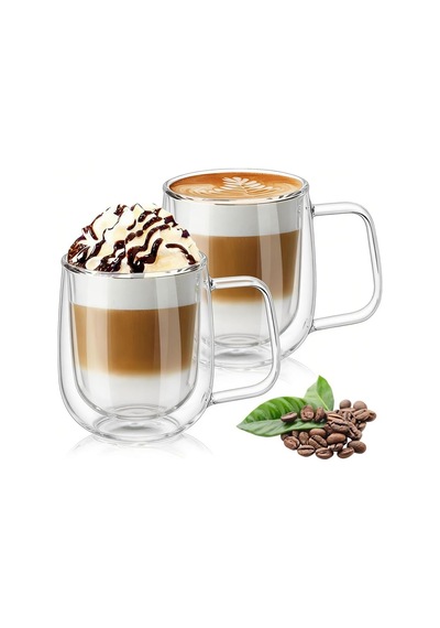 Çift Duvar Cam Kupa, Isı Yalıtımlı Bardak Bardak, Saplı 250 Ml, Çay Su Bardakları, Kahve, Süt, Cappuccino, Espresso, Şeffaf Bira, 2'li Set çok renkli