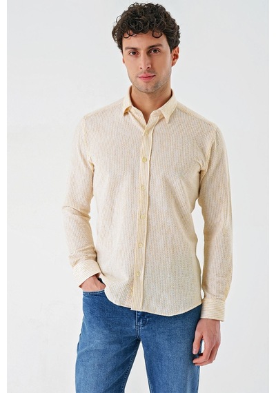 İmza Hardal Uzun Kollu Çizgili Biritli Yaka Pamuklu Likralı Casual Slim Fit Dar Kesim Gömlek 1004240233-hardal Hardal
