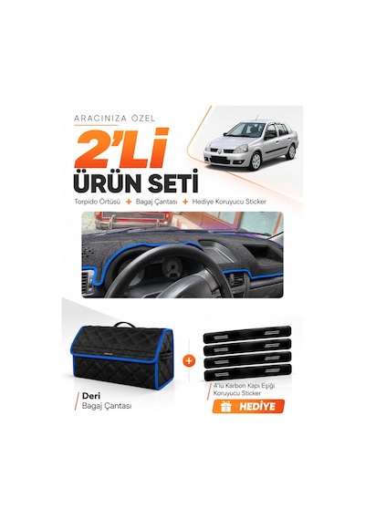 E-biz Renault Clio Symbol Airbagsiz 2002-2008 Uyumlu Torpido + Deri Çanta - Siyah-mavi - Re011