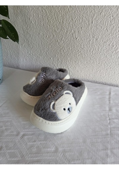 Kadın Ayıcık Desenli Rahat Peluş Ev Terliği 25bnt132 Gri