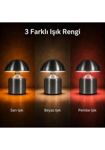 Tr Şarj Edilebilir Led Mantar Masa Lambası, Dokunmatik 3 Renk Modlu, 1800 Mah Kablosuz Metal Abajur, Usb Type-c Şarjl Diğer