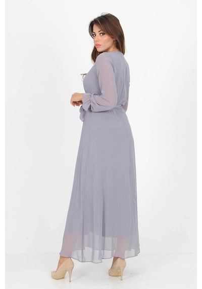 Neşeli Butik Kadın Kruvaze Yaka Bağlama Detaylı Yeni Sezon Uzun Şifon Elbise Kts003 Gri