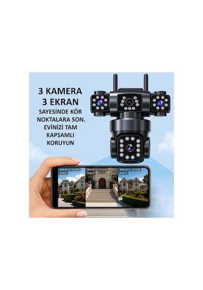 Pro 9mp 3lens Wifi Güvenlik Kamerası 360 Hareketli Gece Görüş Ip66 Sesli Konuşma Hareket Takibi