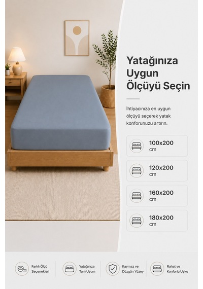 %100 Pamuk Penye Lastikli Çarşaf - Çift Kişilik Gri