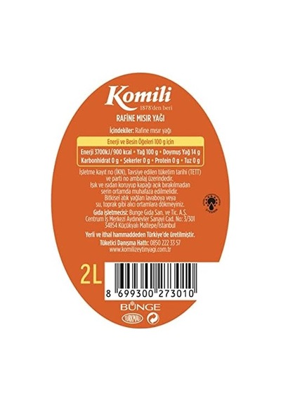 Komili Mısır Yağı Pet Şişe 2 Lt