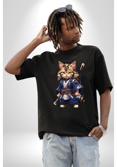 Japon Samuray Kılınç Pamuklu Bisiklet Yaka Unisex Oversize Boyfriend Dijital Baskılı Siyah T-shirt Siyah
