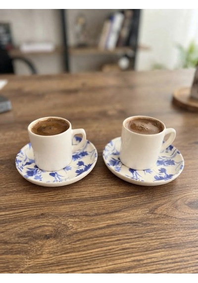 Lacivert Çiçek Motifli Seramik Türk Kahvesi Fincanı Ve Tabak Seti Beyaz
