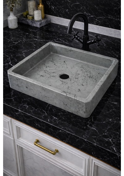 Mermer Desenli Tezgah Üstü Kare Model Taş Lavabo 45 X 45 Cm Gri