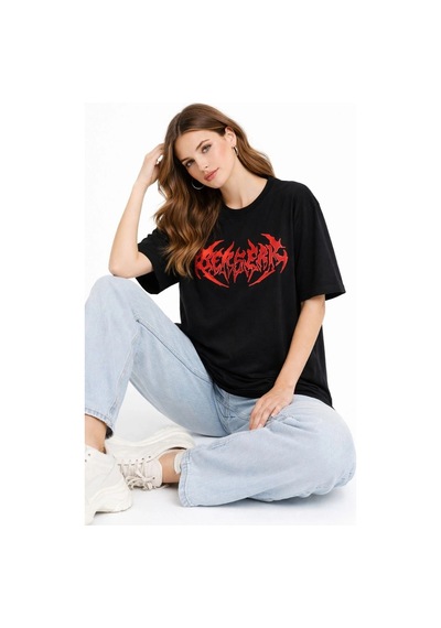 Kadın Kısa Kol Yazlık Tişört Bisiklet Yaka Baskılı Oversize T-shirt - Siyah Çok Renkli