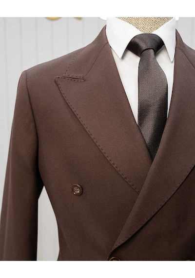 Bys Beystil Sivri Yaka Kahverengi Kruvaze Takım Elbise - Slim Fit