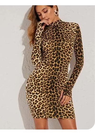 Lacis Leopar Ipek Kadife Yarım Balıkçı Yaka Bodycon Elbise Leopar