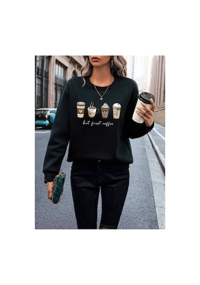 Medinenur Coffe Desenli 2 İplik Sweatshirt Siyah