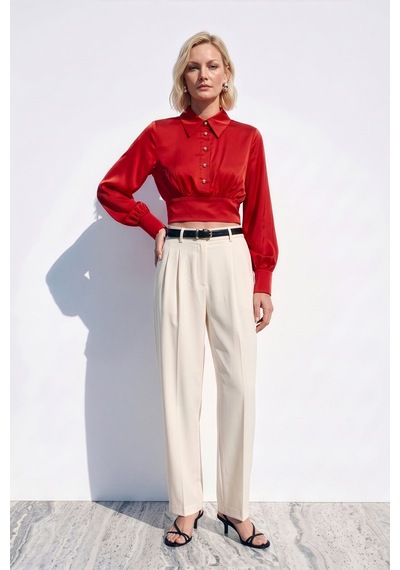 Sateen Düğme Detaylı Saten Bluz - Kırmızı-137517