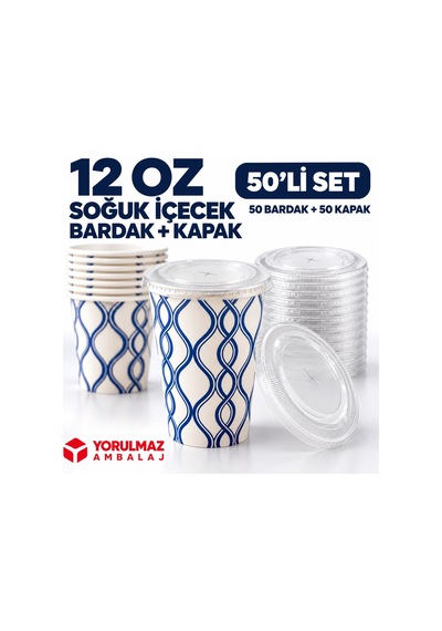 12 Oz Kapaklı Karton Bardak 50 Adet Soğuk İçecek Uyumlu Sızdırmaz Kağıt Bardak