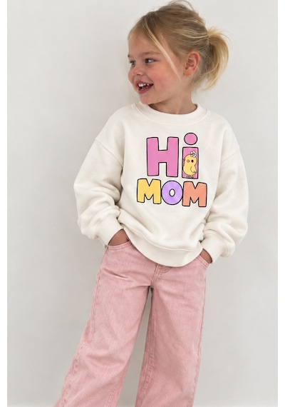 Monila Unisex Çocuk Pamuklu Bisiklet Yaka Mom/dad Baskılı Sweatshirt Ekru