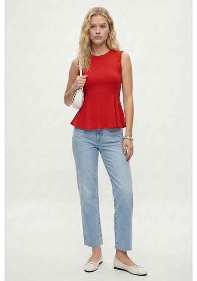 Ritnice Kadın Rowe %100 Pamuk Peplum Sıfır Kol Kırmızı Bluz