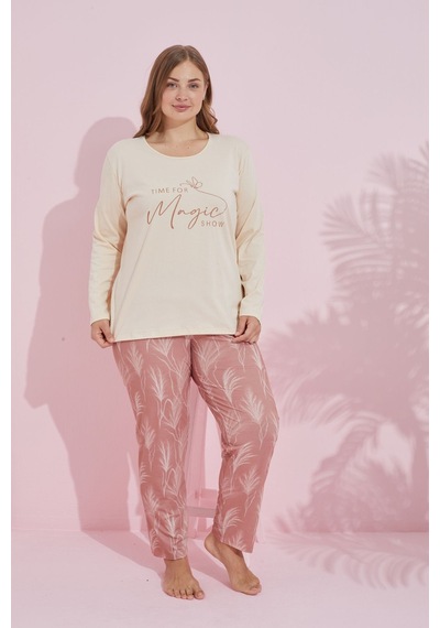 Siyah İnci Pamuklu Curve Büyük Beden Battal Boy Örme Pijama Takım24240750 Krem