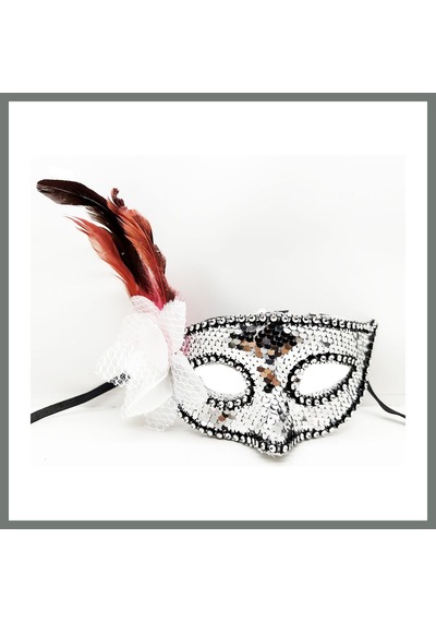 Bezos Gümüş Renk Yandan Tüylü Güllü Gümüş Taşlı Pullu Maske 20x22 Cm Mmbz Diğer