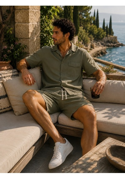 Erkek Premium Kumaş Modal Şort Slim Fit Takım Haki 2018dngr