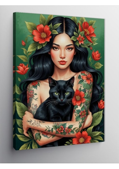 Kanvas Tablo Kara Kedi Ve Kadın 100cmx140cm