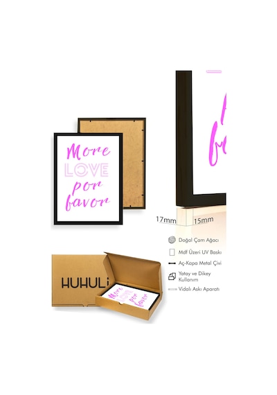Doğal Ahşap Çerçeveli Retro Tablo - Pembe Script Yazı Sözü Huhu2794
