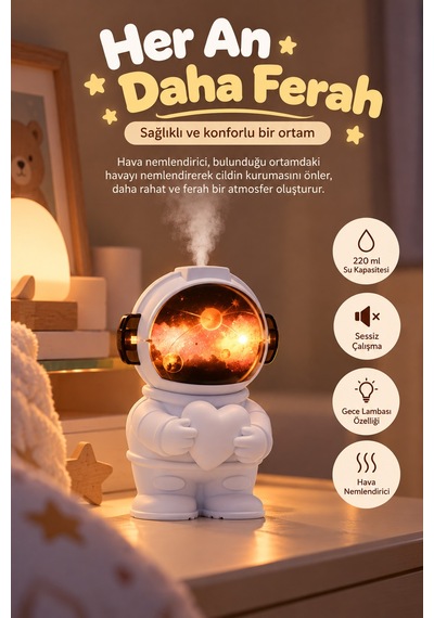 Exenar - Beyaz - Çocuk Odası Nemlendirci Gece Lambası Astronot Tasarımlı Hava Nemlendirici 220 Ml İnce Buhar Teknolojili Dekoratif